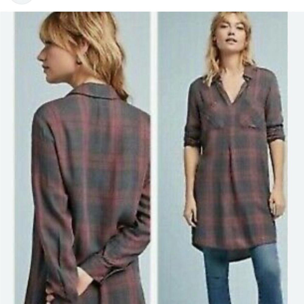 Anthropologie Cloth & Stone gray and pink plaid tunic, XS, new with tags!